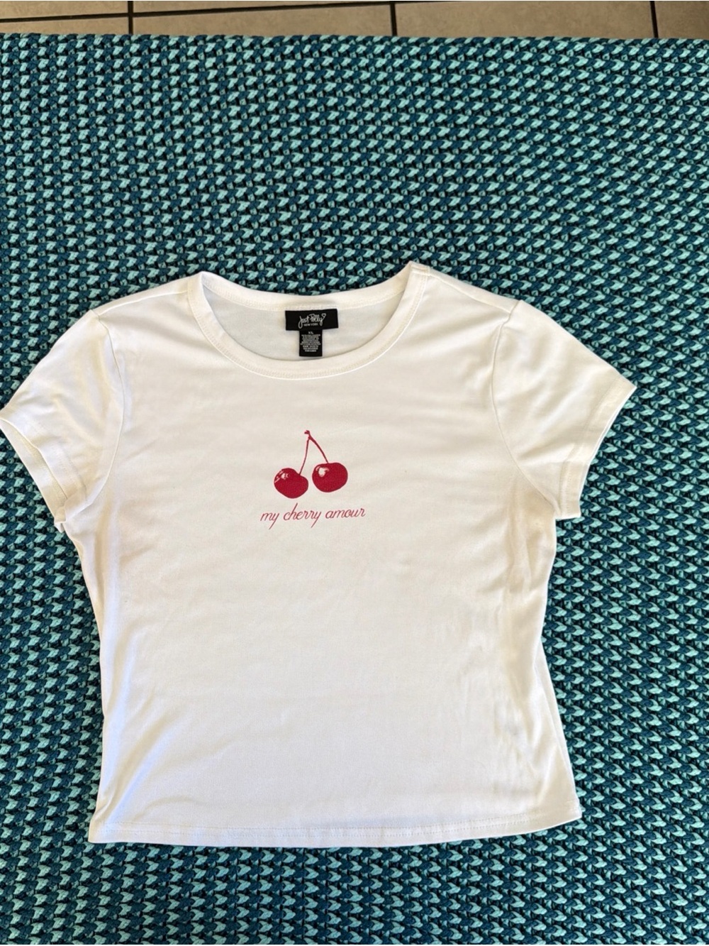 White 'My Cherry Amour' Crop Tee with Red Cherry Graphic